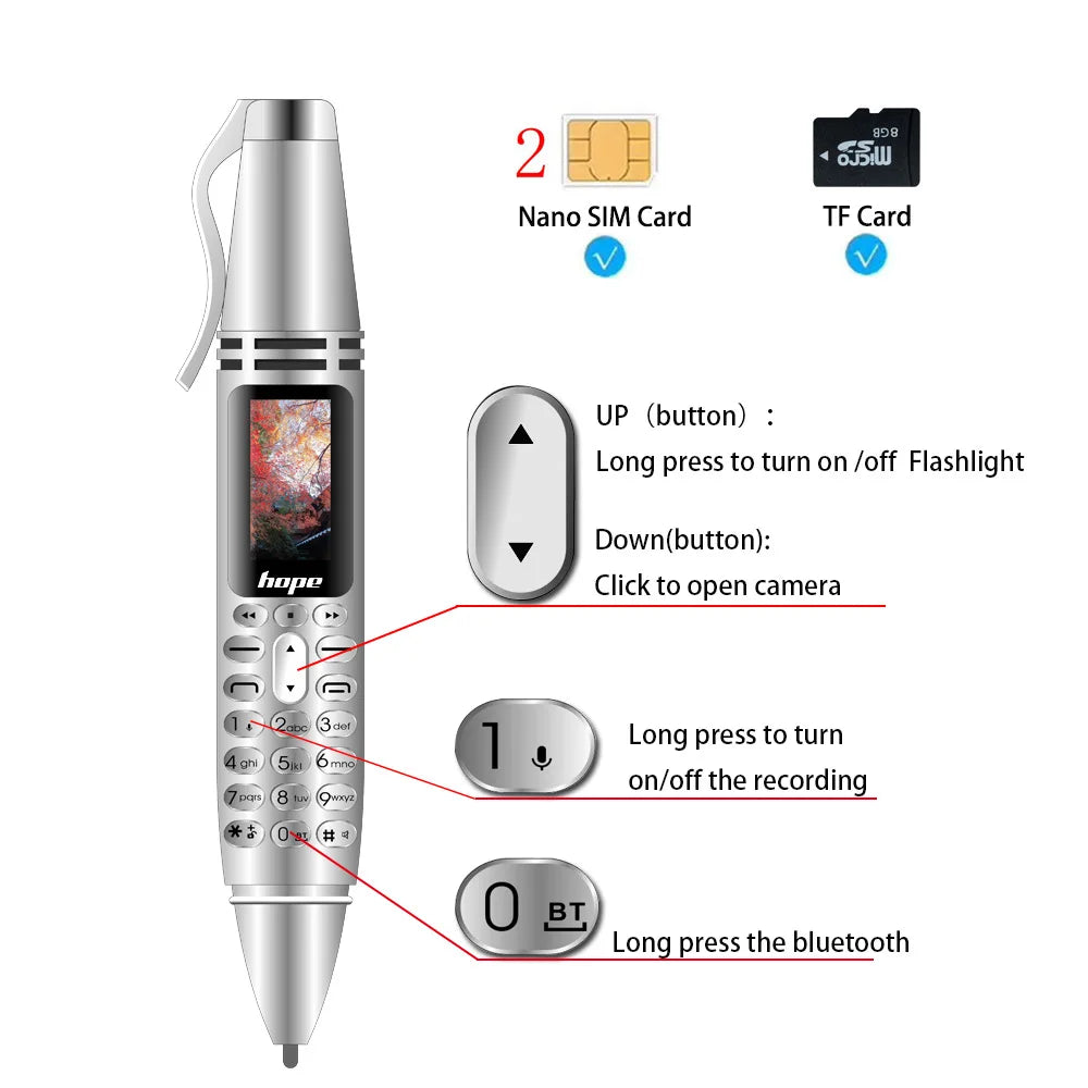 Pen Shaped 2G CellPhone Screen Dual SIM Card GSM Mobile Phone BT V3.0 Dialer Voice MP3 FM Voice Recorder