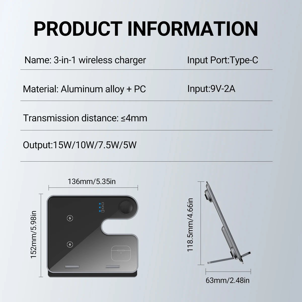 3 IN 1 Wireless Charger,Detachable Maghnetic Wireless Charging Suitable For Mobile Phones/Watches/Headphones