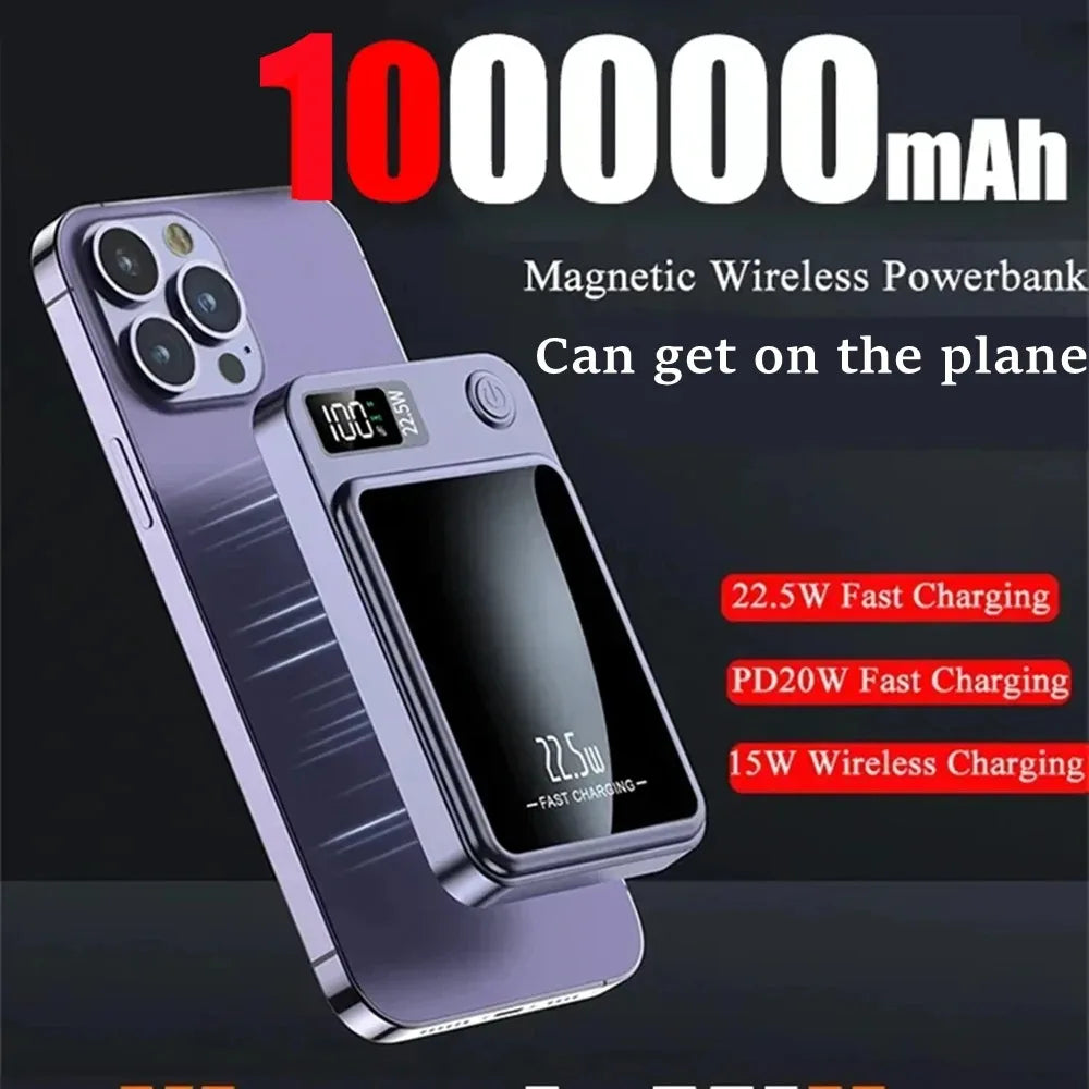 100000mah Magnetic Wireless Power Bank 22.5w Portable Type C Mini Power Bank For Iphone Samsung